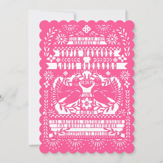 Pink Mexican Fantail Doves Papel Picado Wedding Invitation (Front)