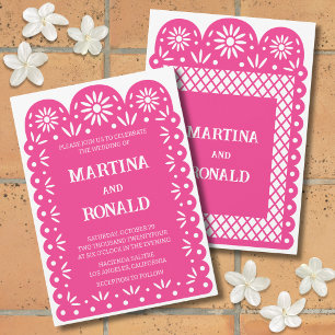 Pink Mexican papel picado wedding invitation