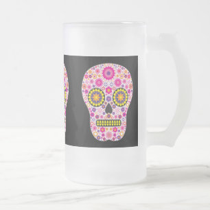 Pink Mexican Sugar Skull Glass Frosted Glass Beer Mug
