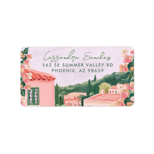 Pink Mexican Town Destination Wedding Label (Front)
