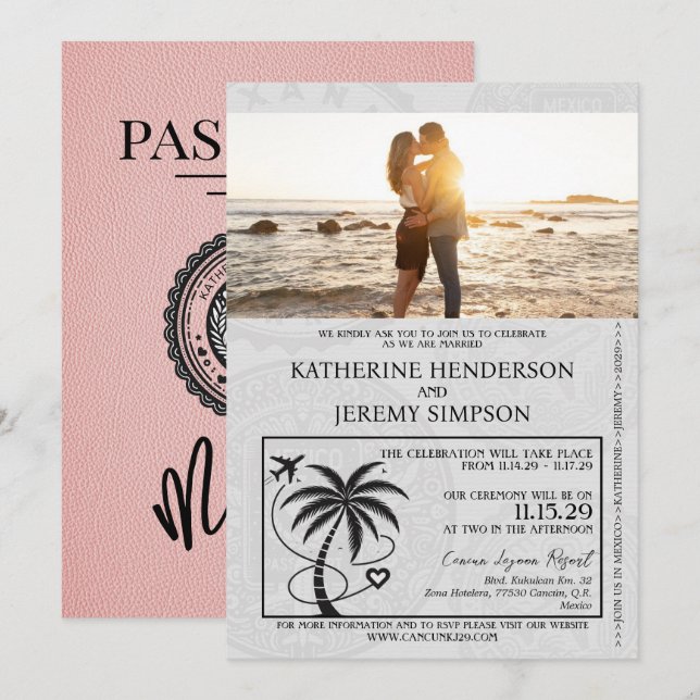 Pink Mexico Passport Wedding Invitation (Front/Back)