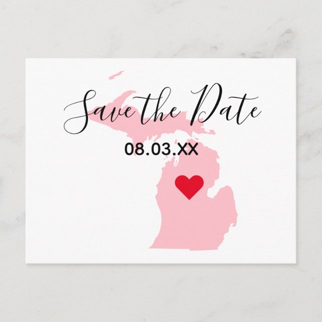 Pink Michigan Red Heart Save the Date Announcement Postcard (Front)