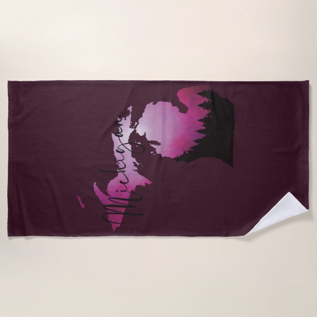 Pink Michigan State Map Pine Forest Camping Trip Beach Towel (Front)
