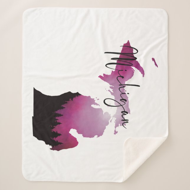 Pink Michigan State Map Pine Forest Camping Trip Sherpa Blanket (Front)
