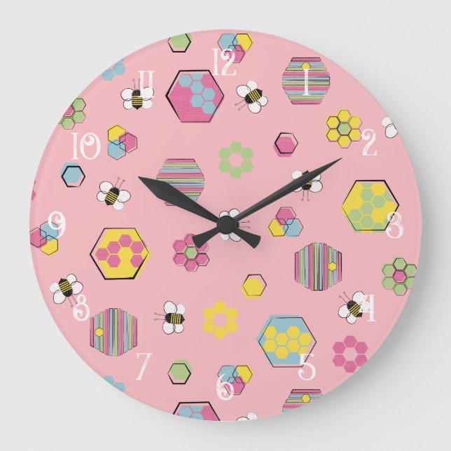 Pink Midcentury Retro Honey Bee Pattern Large Clock (Front)