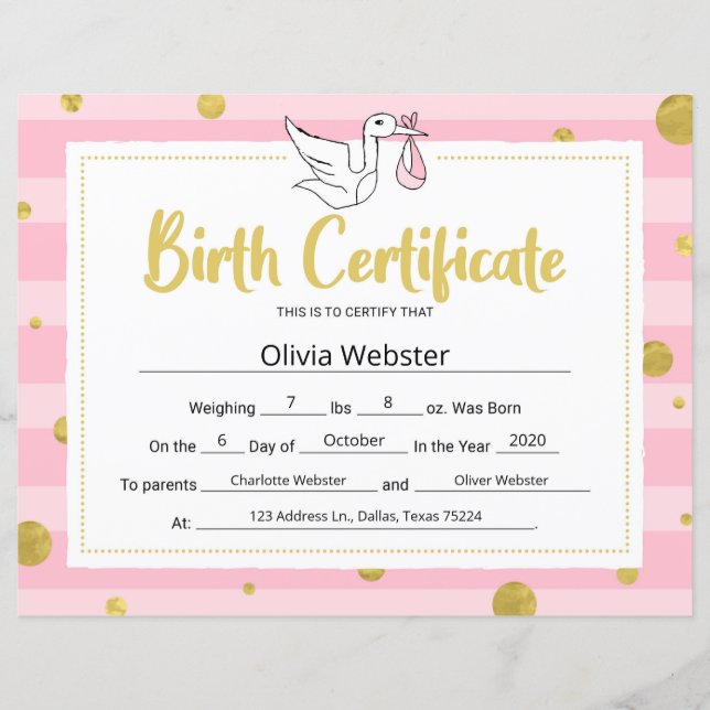 Pink Milestone Certificate Baby Birth Certificate (Front)