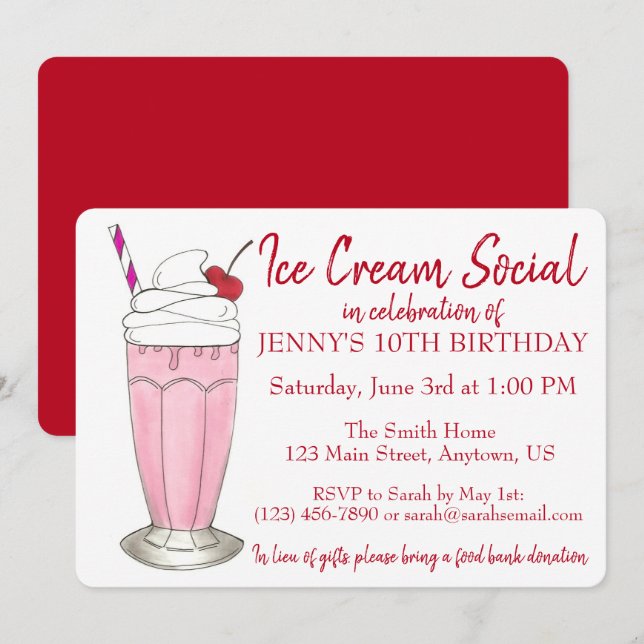 Pink Milkshake Ice Cream Social Birthday Party Invitation (Front/Back)