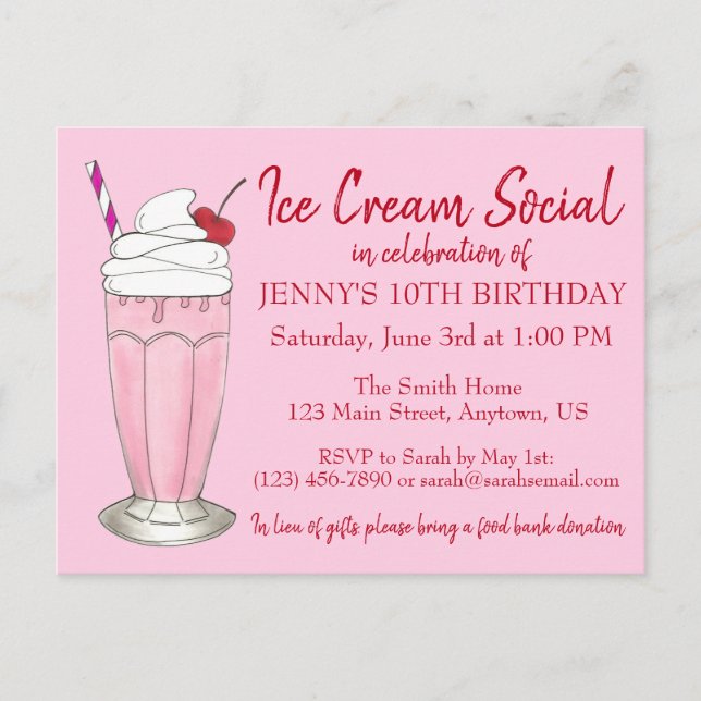 Pink Milkshake Ice Cream Social Birthday Party Invitation Postcard (Front)