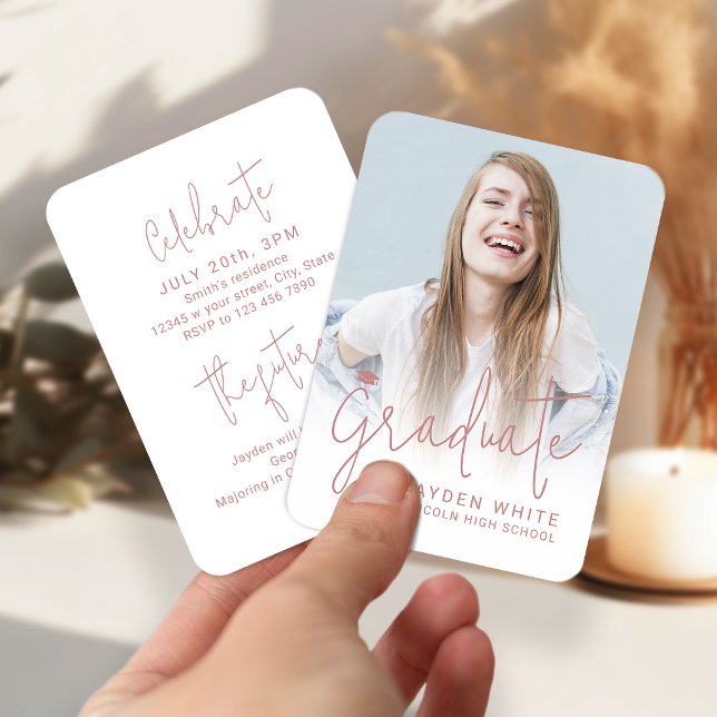 Pink Mini Modern Script Photo Graduation Invite (Pink Mini Modern Script Photo Graduation Invite)