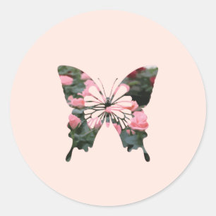 Pink Mini Roses Digital Flower butterfly Classic Round Sticker