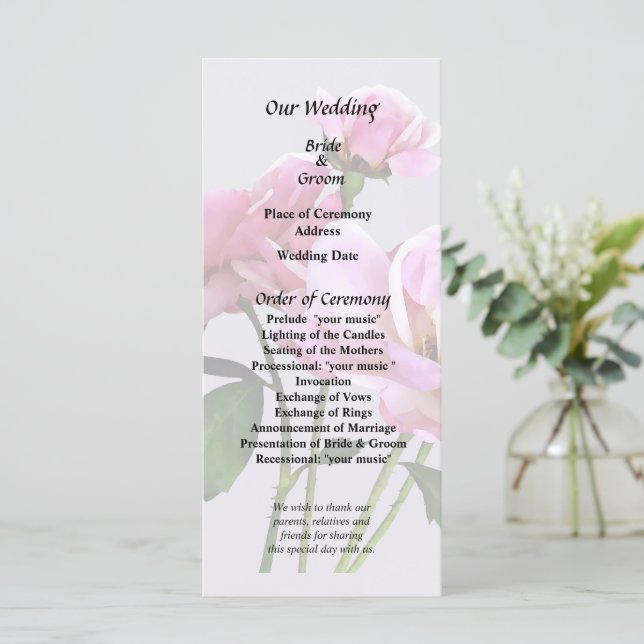 Pink Miniature Roses Wedding Supplies Programme (Standing Front)