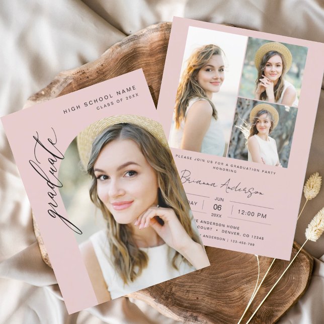 Pink Minimalist Arch Photo Graduation Party Invitation (Creator Uploaded)