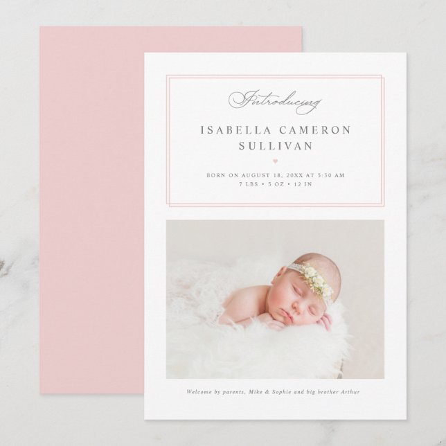 Pink Minimalist Borders Script Photo Baby Birth Announcement (Front/Back)