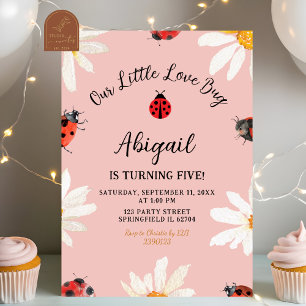 Pink Minimalist Daisy Lovebug Birthday Invitation