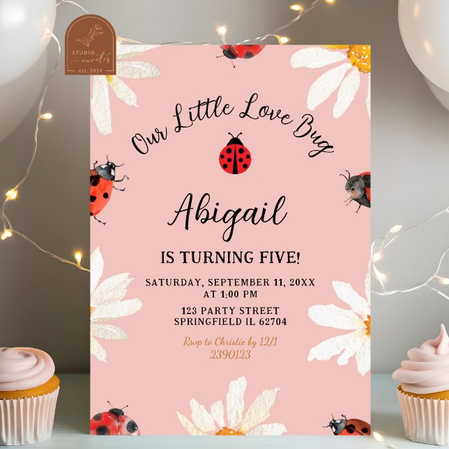 Pink Minimalist Daisy Lovebug Birthday Invitation (Creator Uploaded)