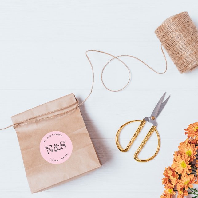 Pink Minimalist Elegant Bold Initials Wedding Classic Round Sticker (Creator Uploaded)