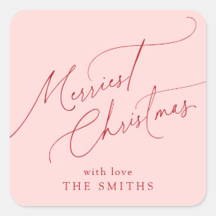 Pink Minimalist Elegant Script Merriest Christmas Square Sticker