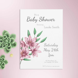 Pink Minimalist Floral Girl Baby Shower Invitation