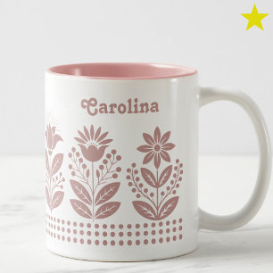Pink Minimalist Folk Art Floral Custom Name Two-Tone Coffee Mug