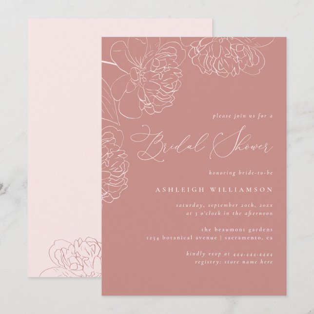 Pink Minimalist Hand-drawn Peonies Bridal Shower Invitation (Front/Back)
