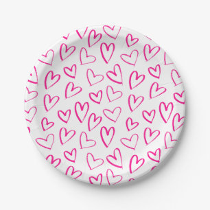 Pink Minimalist Heart Outline Pattern Valentine's Paper Plate