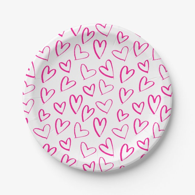 Pink Minimalist Heart Outline Pattern Valentine's  Paper Plate (Front)