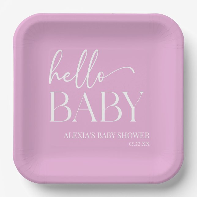 Pink Minimalist Hello Baby Baby Shower Paper Plate (Front)