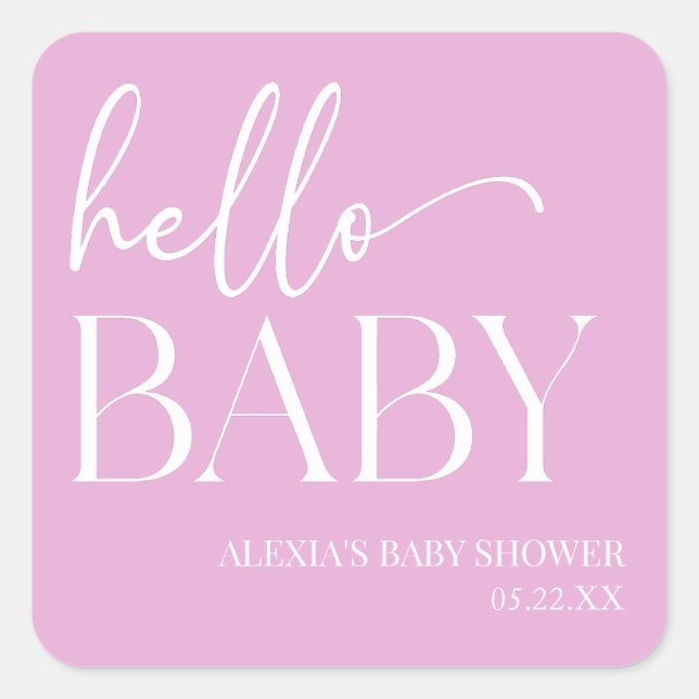 Pink Minimalist Hello Baby Baby Shower Square Sticker (Front)