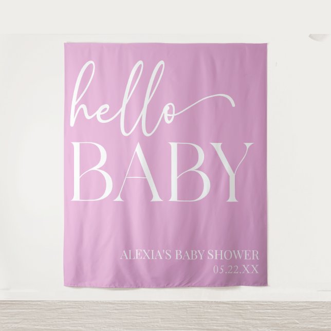 Pink Minimalist Hello Baby Baby Shower Tapestry (Front)