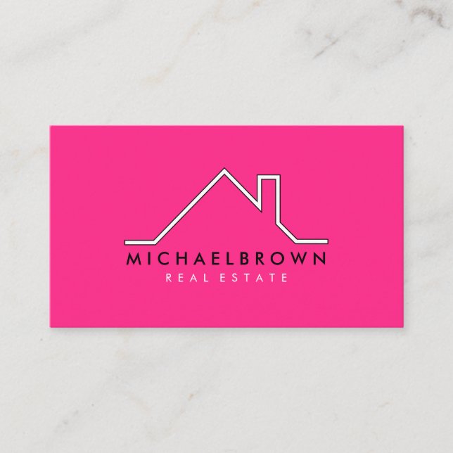 Pink Minimalist Modern House Real Estate Agent Business Card (Front)