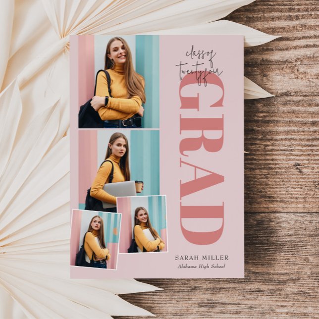Pink Minimalist Modern Vertical 5 Photo Graduation Invitation (Creator Uploaded)