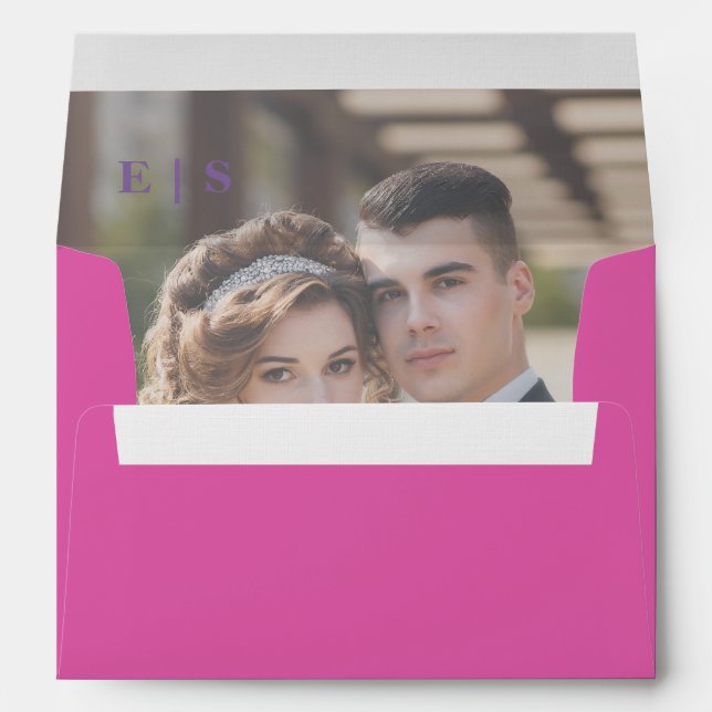 Pink Minimalist Monogram Couple Photo Wedding  Envelope (Back (Bottom))