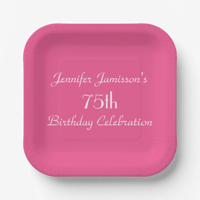 Pink Minimalist Name 75th Birthday Party Square Paper Plate (Front)