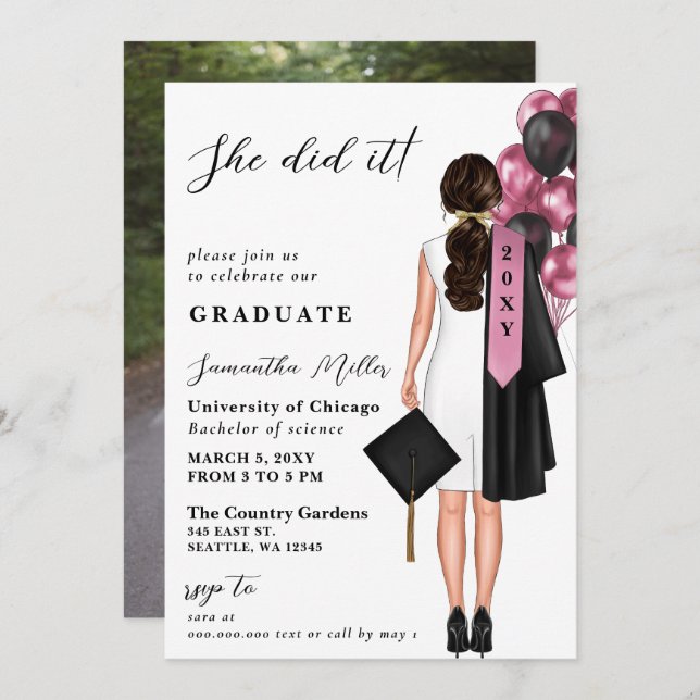 Pink Minimalist Photo She Did It Graduation Invitation (Front/Back)
