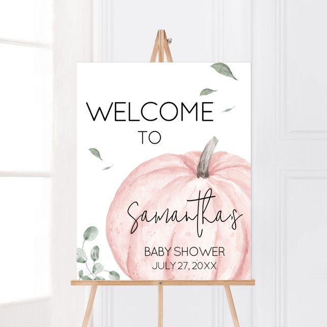 Pink Minimalist Pumpkin Baby Shower Welcome Poster (Watercolor Pumpkin Baby Shower Welcome Sign)