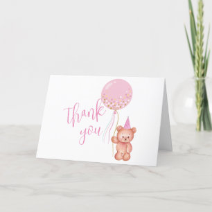Pink Minimalist Teddy Bear Balloon Baby Shower Thank You Card