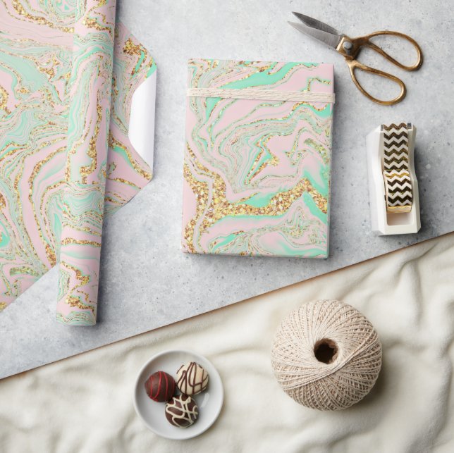 Pink Mint and Gold Marbling Wrapping Paper (Crafts)