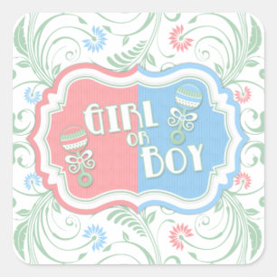 Pink Mint Blue Floral Gender Reveal Baby Shower Square Sticker