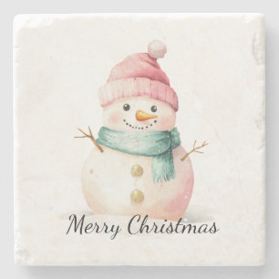 Pink Mint Christmas Snowman Stone Coaster