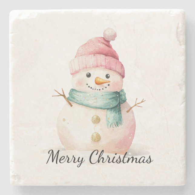 Pink Mint Christmas Snowman Stone Coaster (Front)