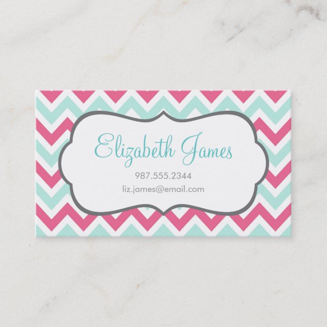 Pink & Mint Colourful Chevron Stripes Business Card (Front)