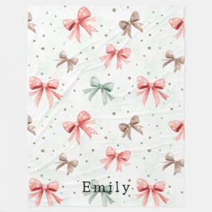 Pink Mint Cream Dots & Bows Christmas   Fleece Blanket