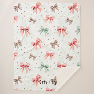 Pink Mint Cream Dots & Bows Christmas   Sherpa Blanket