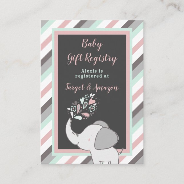 Pink & Mint Elephant Baby Shower Gift Registry Enclosure Card (Front)