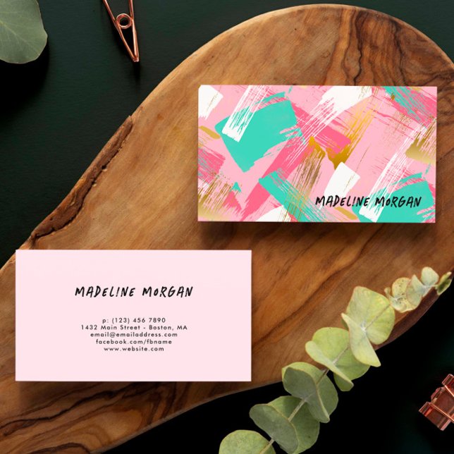 Pink Mint Faux Gold Brush Strokes Abstract Business Card (Creator Uploaded)