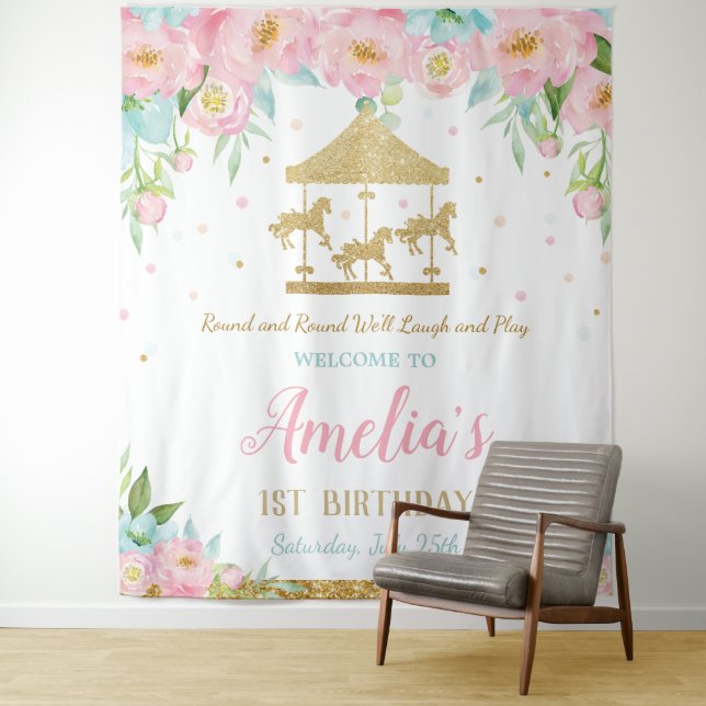 Pink Mint Floral Carousel 1st Birthday Welcome  Tapestry (In Situ)