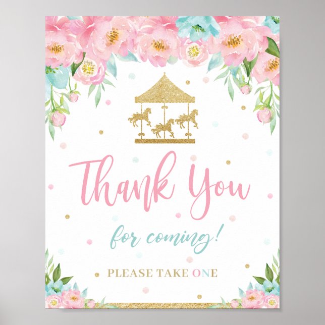 Pink Mint Floral Carousel Birthday Thank You Favor Poster (Front)