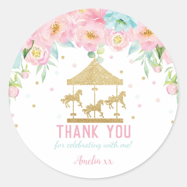 Pink Mint Floral Carousel Birthday Thank You Favou Classic Round Sticker (Front)