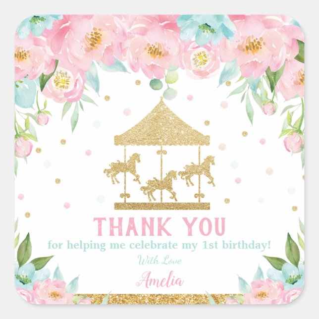 Pink Mint Floral Carousel Birthday Thank You Square Sticker (Front)