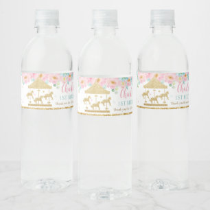 Pink Mint Floral Carousel Carnival 1st Birthday Water Bottle Label